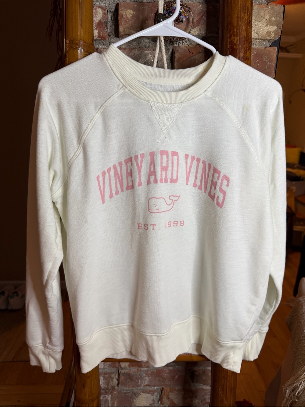 Vineyard Vines Cream Crewneck with Pink Logo